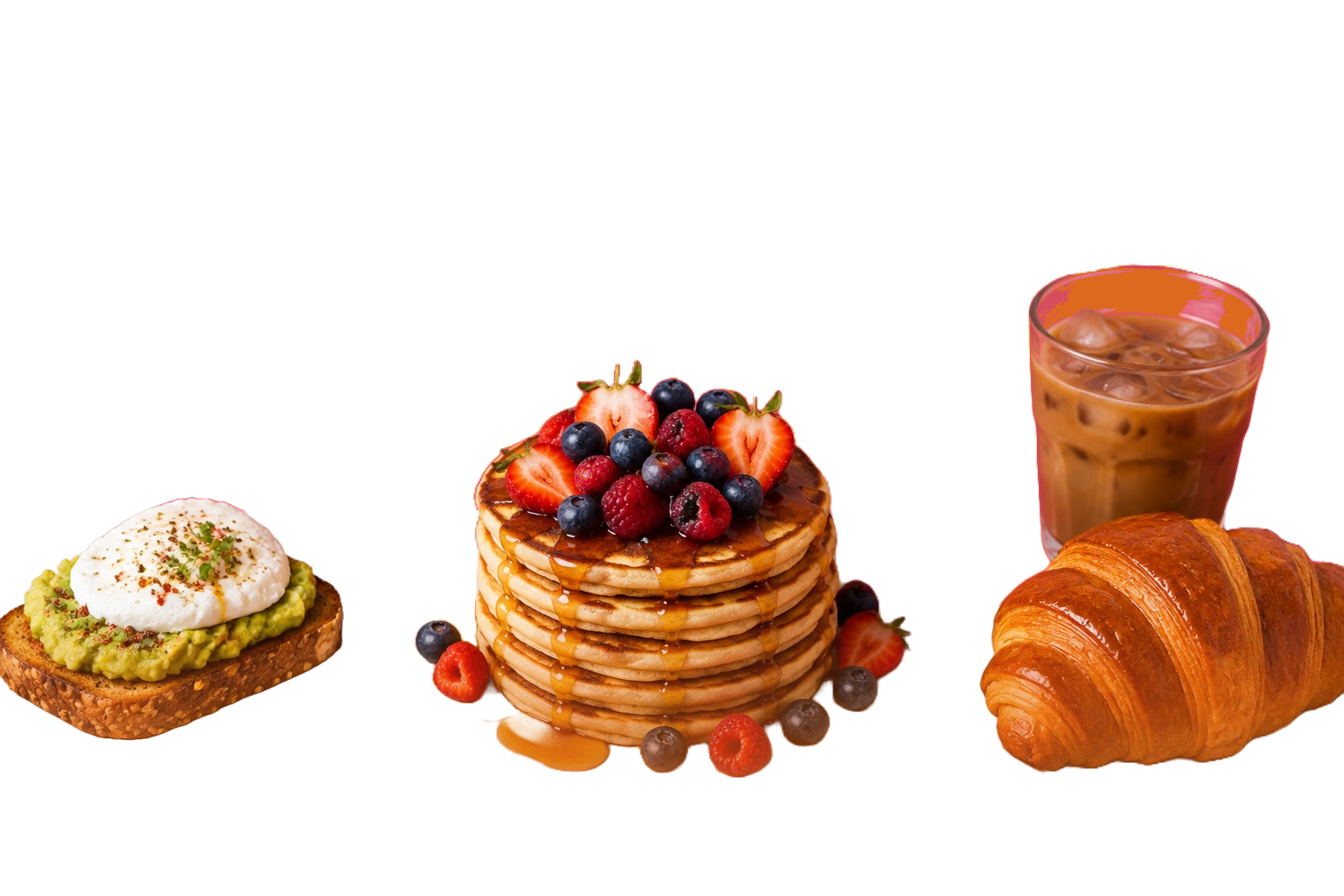 Pancakes généreux aux fruits rouges et sirop, tartine d’avocat avec œuf poché, croissant doré et café glacé.